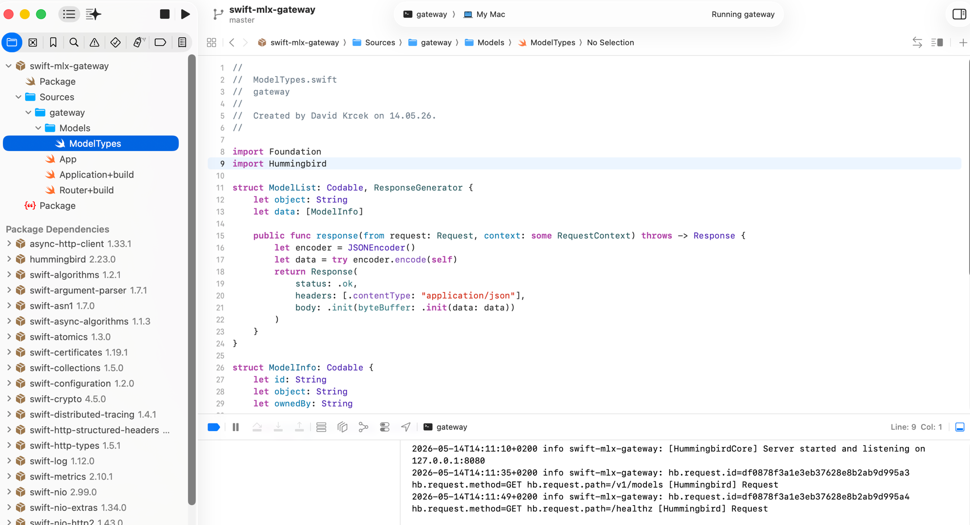 Hummingbird Gateway läuft in Xcode 26 — Dateistruktur links, Log-Output unten