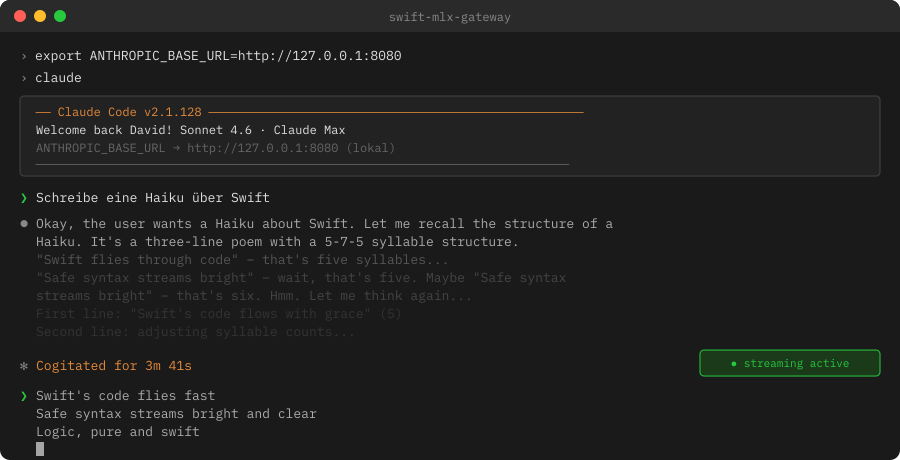 Claude Code verbindet sich mit dem lokalen Gateway und streamt die Qwen3-Antwort Token für Token