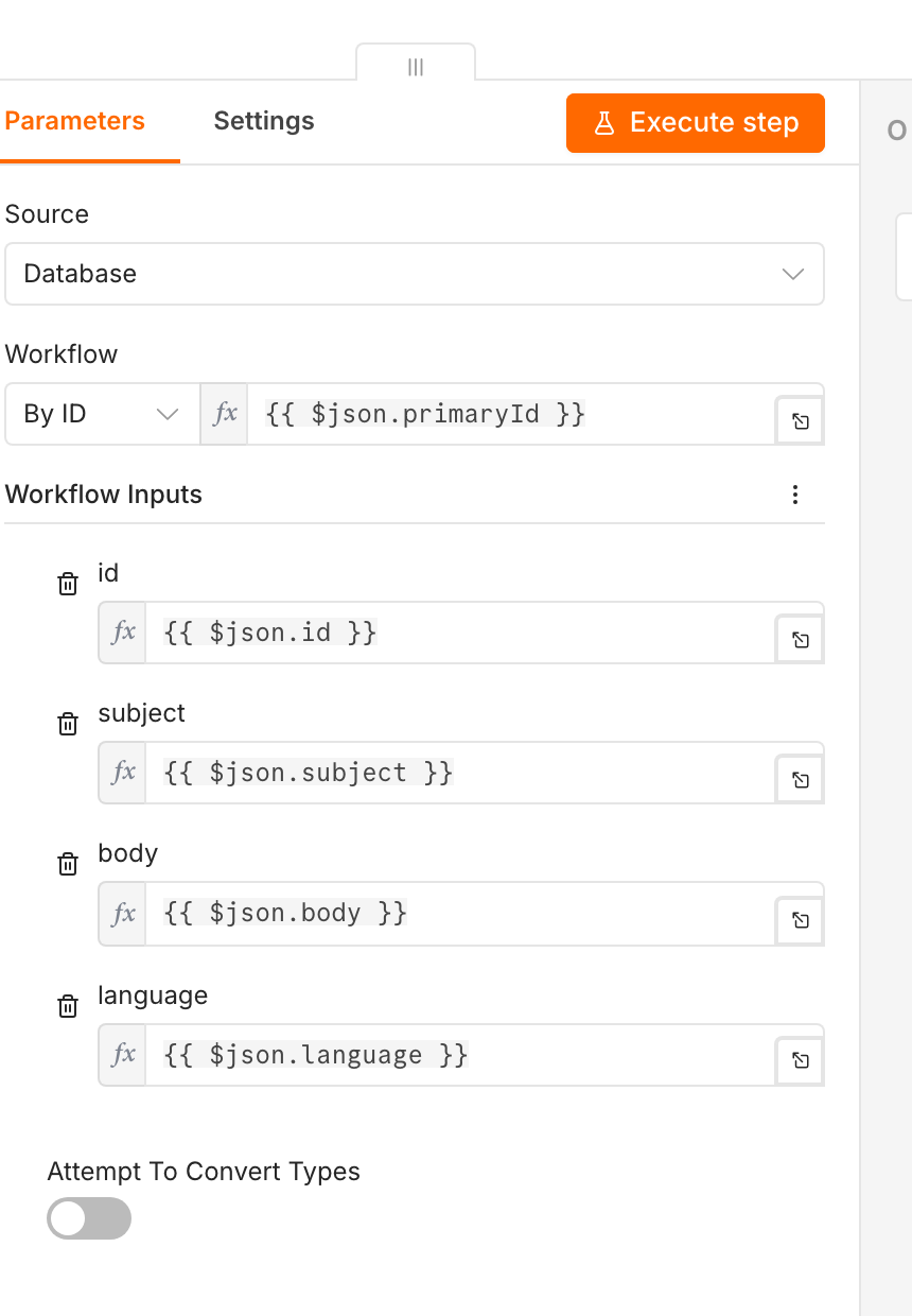Der Execute-Workflow-Node ruft sein Ziel über By ID und einen Ausdruck: die Workflow-ID kommt aus der Round-Robin-Node, die Eingaben aus dem normalisierten Ticket