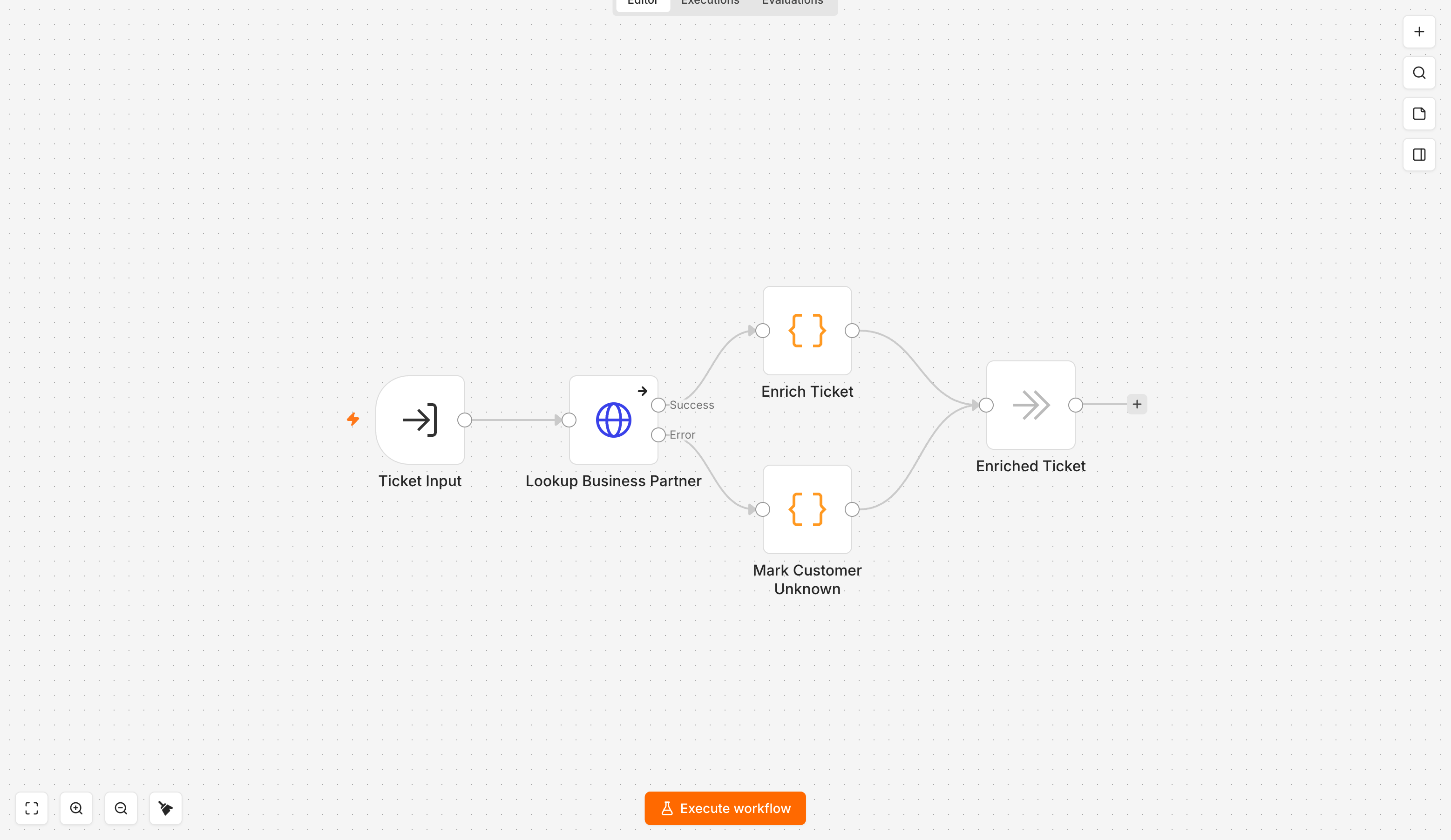 Der Sub-Workflow v0.10 SAP OData Bridge in der n8n-Canvas: Ticket Input, HTTP-Node Lookup Business Partner mit Success- und Error-Ausgang, Enrich Ticket beziehungsweise Mark Customer Unknown, beide münden in Enriched Ticket