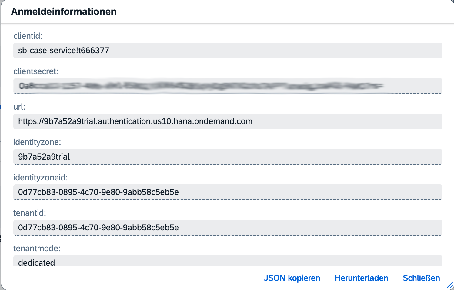 BTP-Cockpit: Service-Key-Ansicht der xsuaa-Instanz, das Secret ist unkenntlich gemacht (Screenshot vom Schreibzeitpunkt)