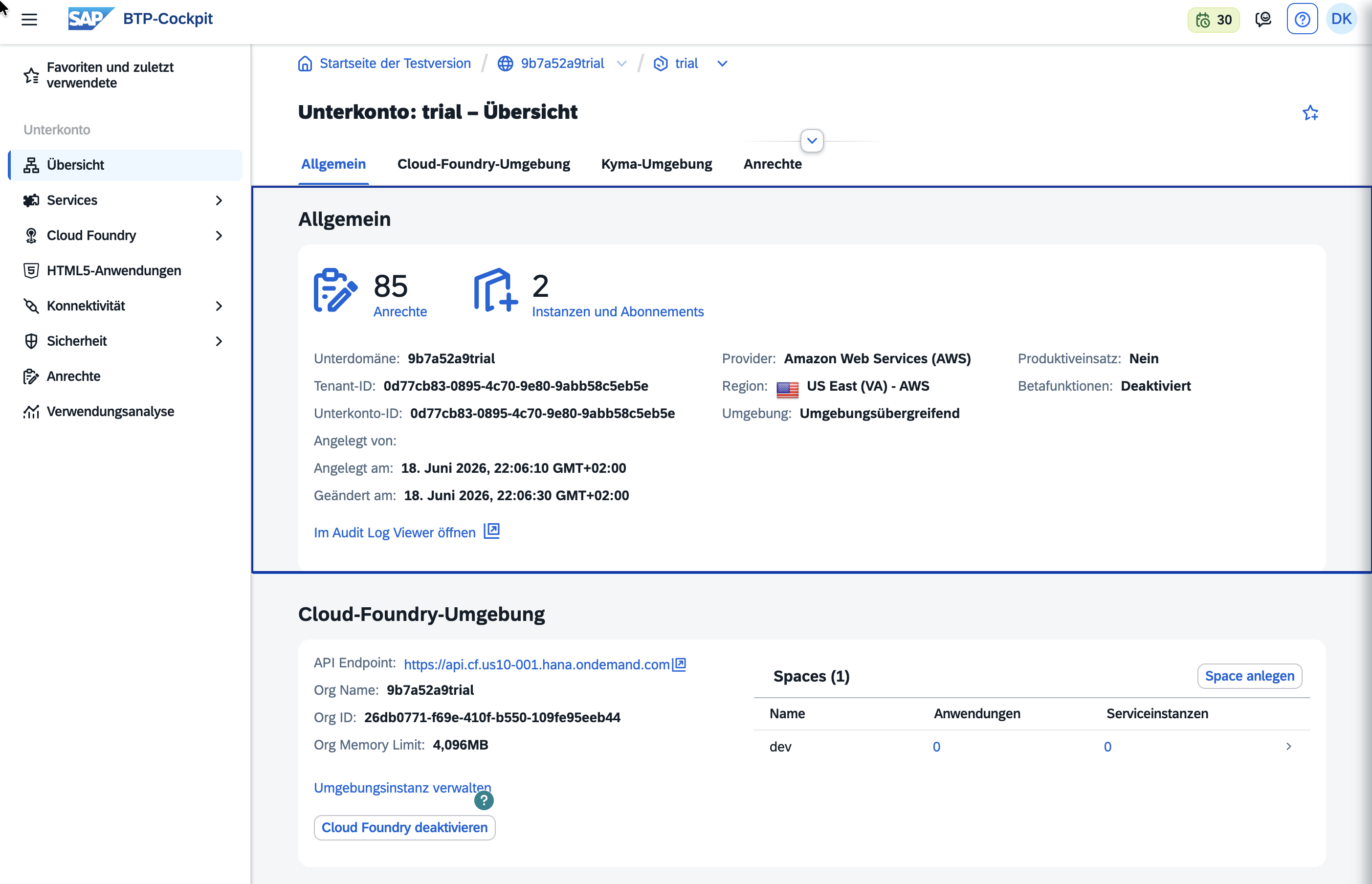 BTP-Cockpit: Subaccount-Übersicht mit dem Cloud-Foundry-Space (Screenshot vom Schreibzeitpunkt)