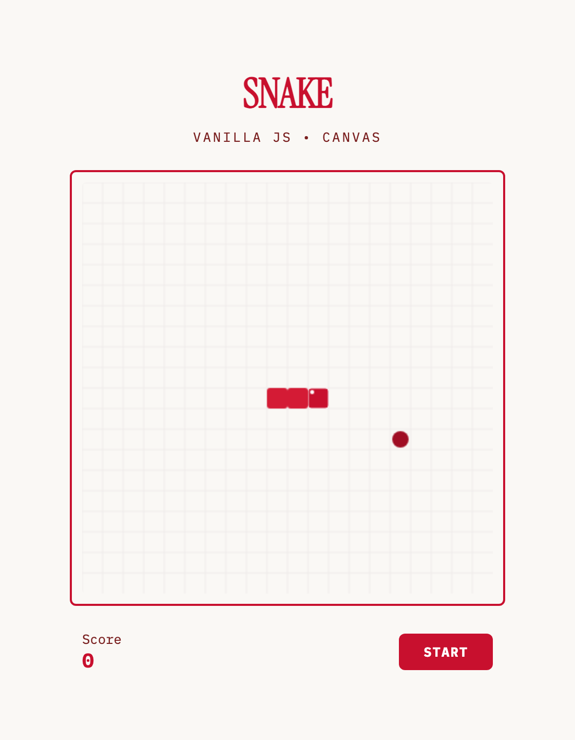 Von Ornith 9B erzeugtes Snake-Spiel im rotecodefraktion-Design, Schlange und Futter auf dem Canvas-Gitter