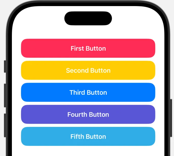 Fünf Buttons mit dem gleichen Custom Modifier in verschiedenen Farben